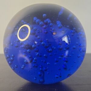 Vintage MCM Controlled Bubble Blue Glass Sphere 3" Paperweight